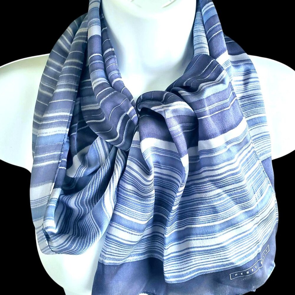 Vintage Perry Ellis Scarf Blue Gray Striped Silk Rectangle 58 x 11 Inches